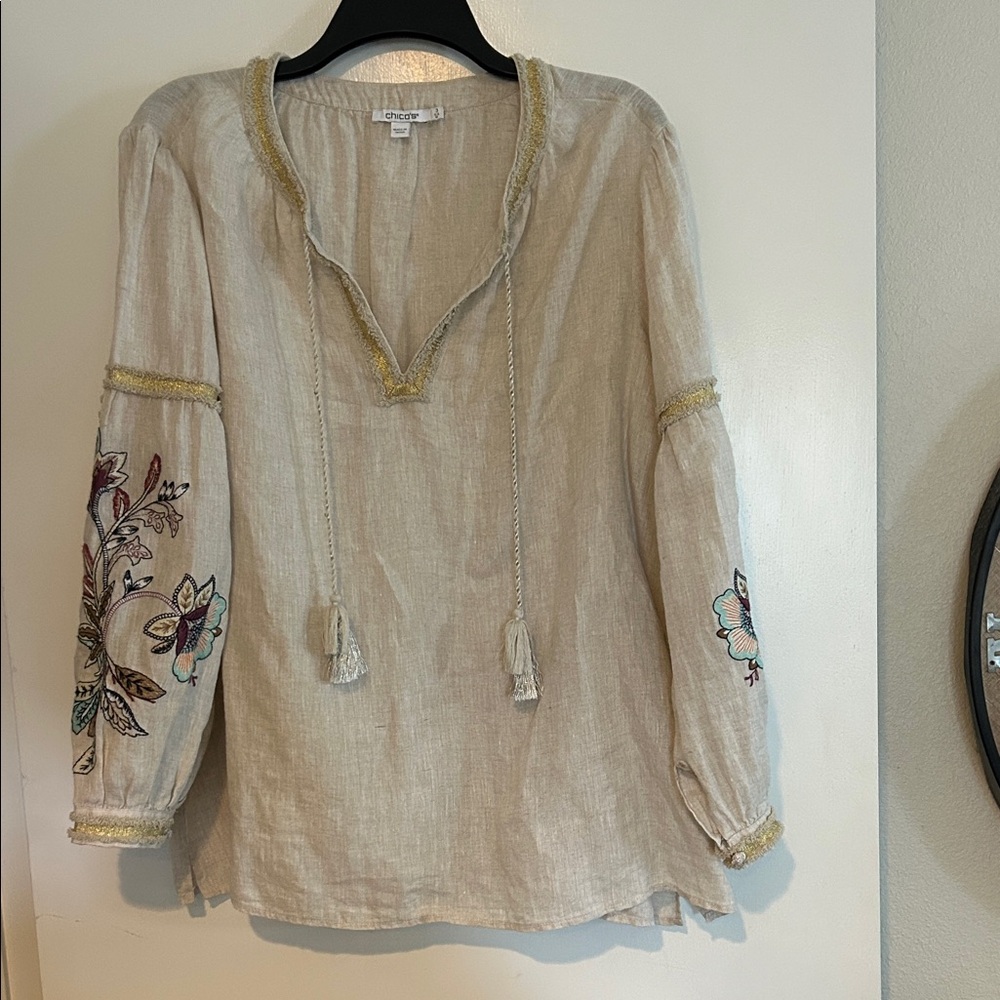 Chicos Cream Blouse with Colorful  Embroidery size 3